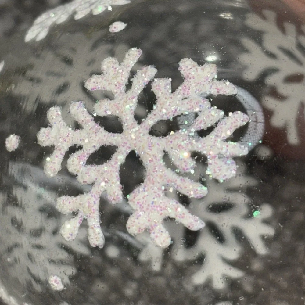Clear Glass Christmas Ornaments With Glittery Snowflakes Gold Tops Various Shape